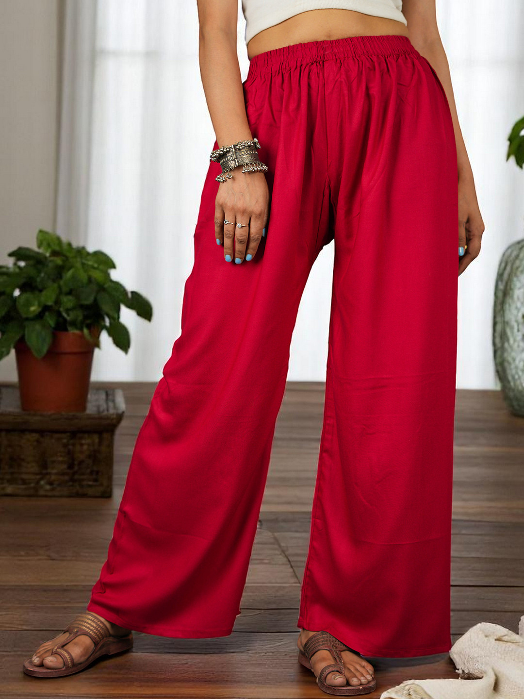 CKE Women Relaxed Wide Leg Straight Fit Cotton Pleated Trousers