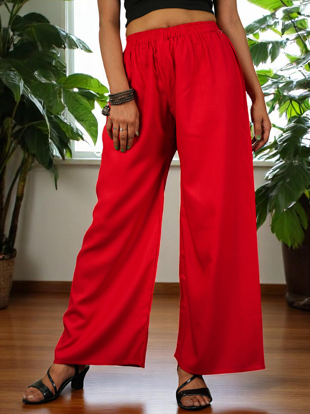 CKE Women Relaxed Wide Leg Straight Fit Cotton Pleated Trousers