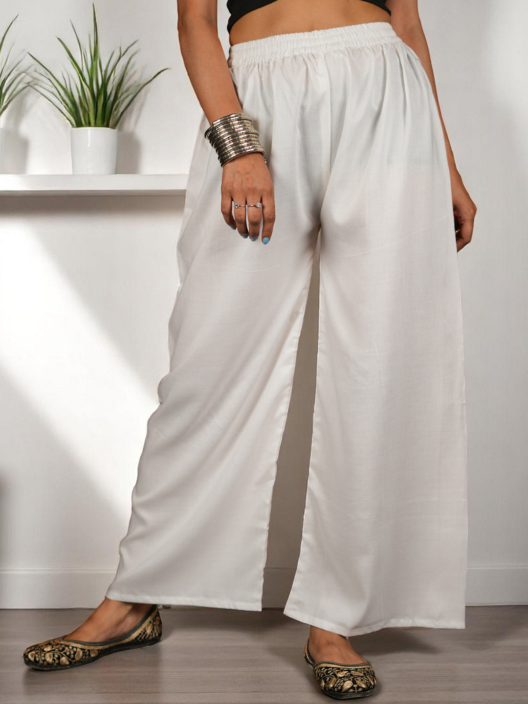 CKE Women Relaxed Wide Leg Straight Fit Cotton Pleated Trousers