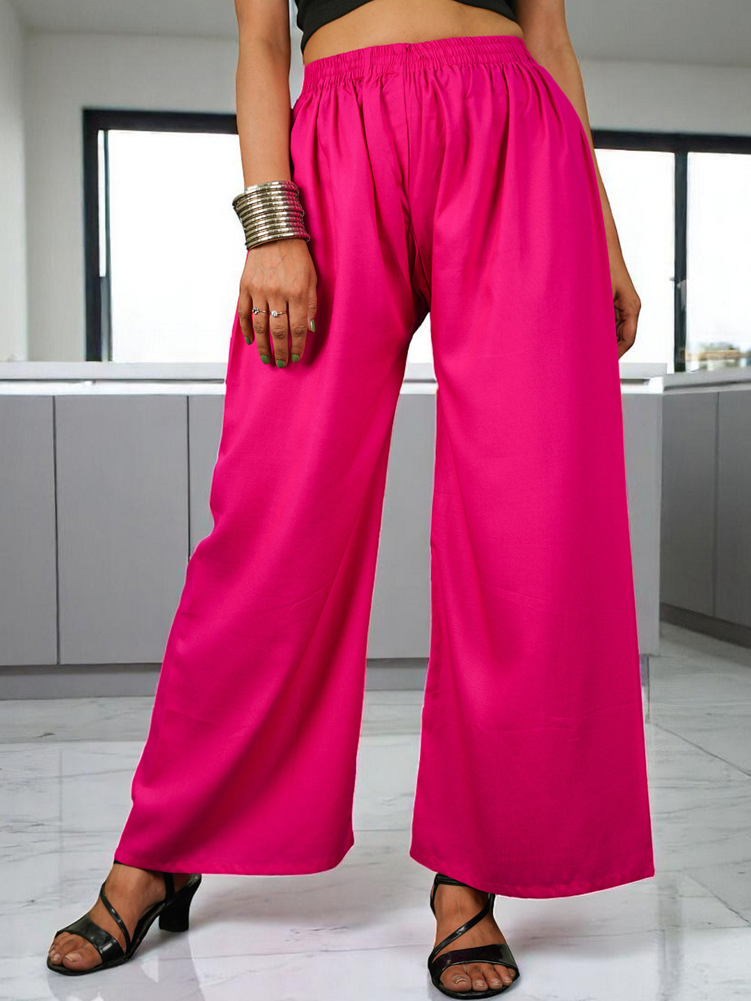 CKE Women Relaxed Wide Leg Straight Fit Cotton Pleated Trousers