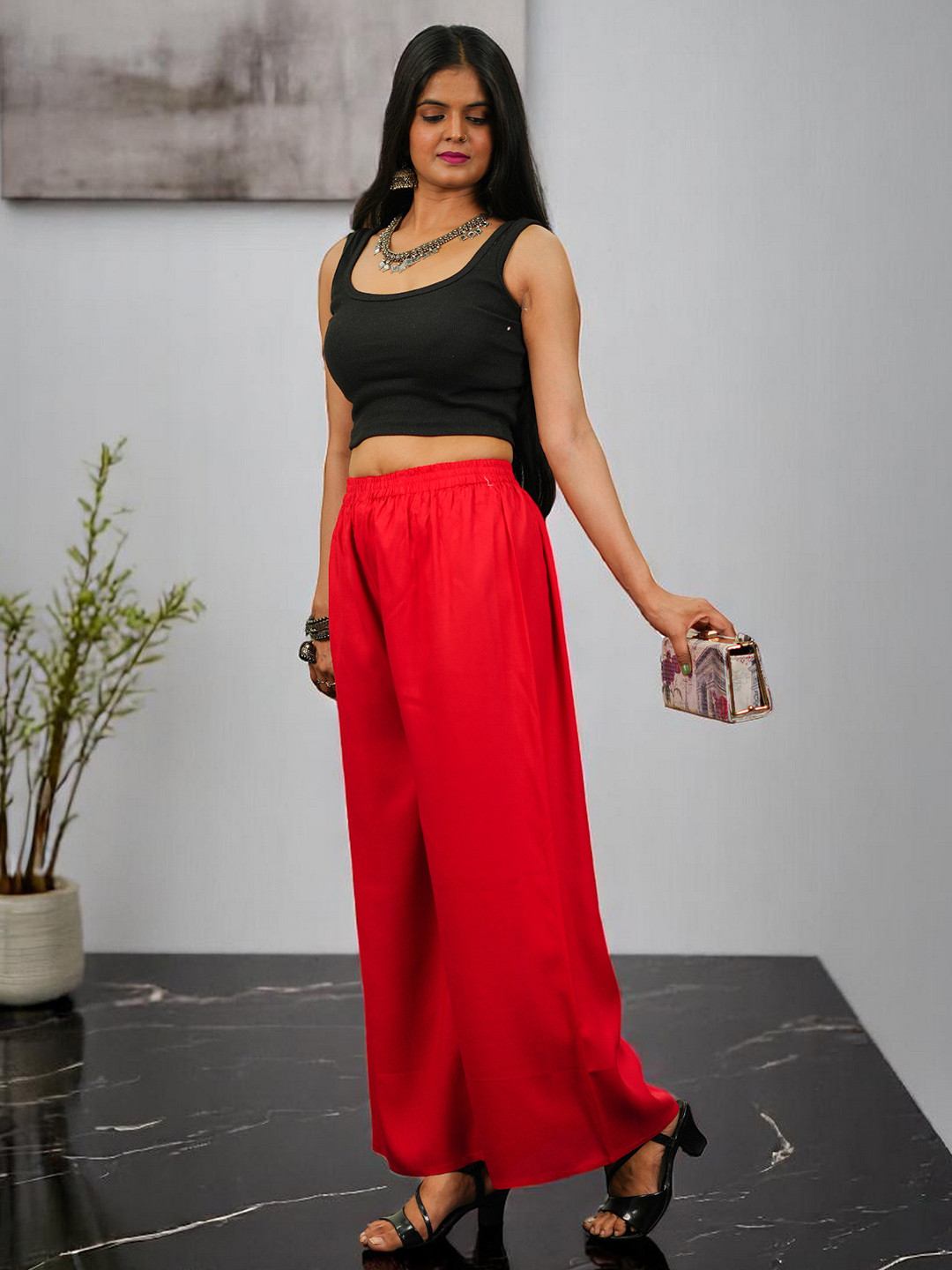 CKE Women Relaxed Wide Leg Straight Fit Cotton Pleated Trousers