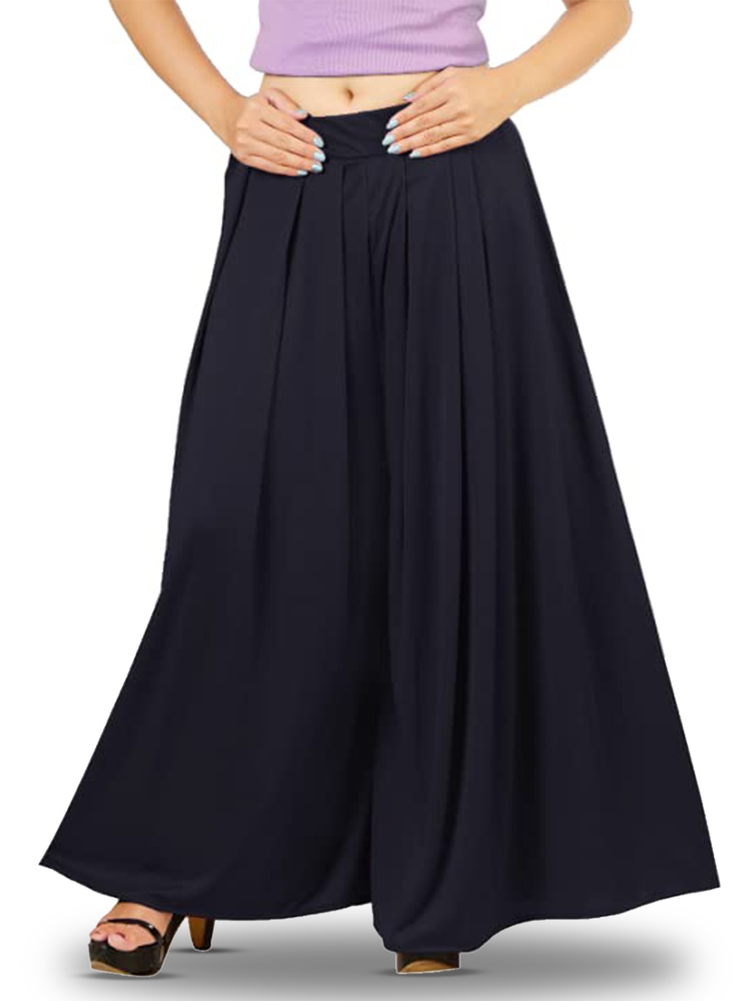 

CHANDERKASH Women Flared Fit Pleated Palazzos, Black