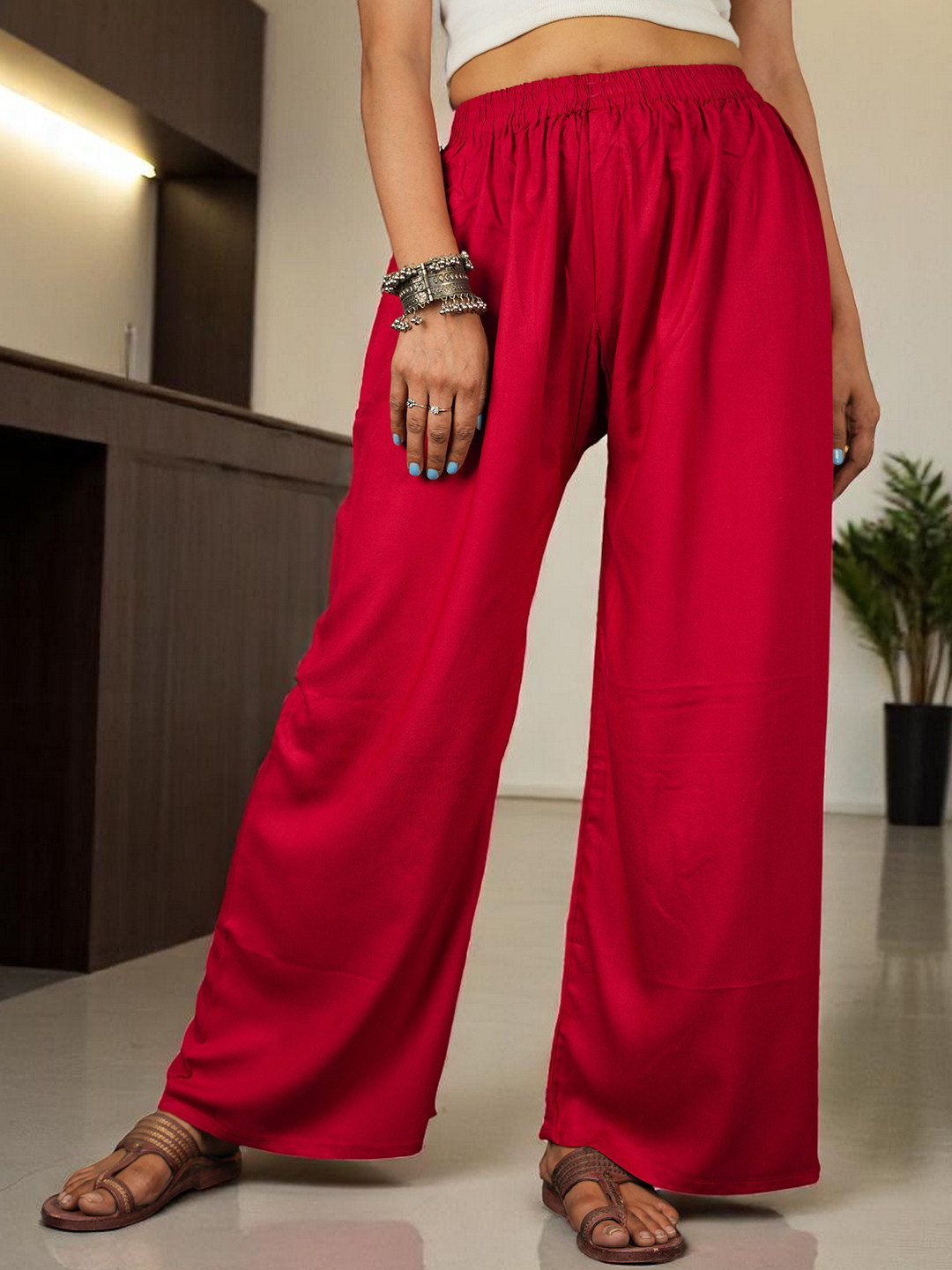 CKE Women Relaxed Wide Leg Straight Fit Cotton Pleated Trousers