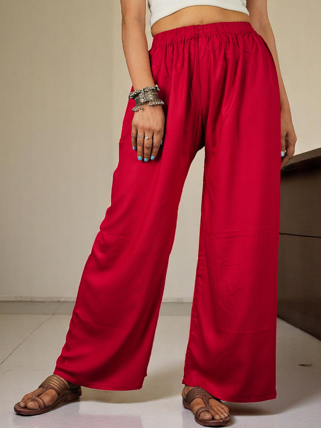 CKE Women Relaxed Wide Leg Straight Fit Cotton Pleated Trousers
