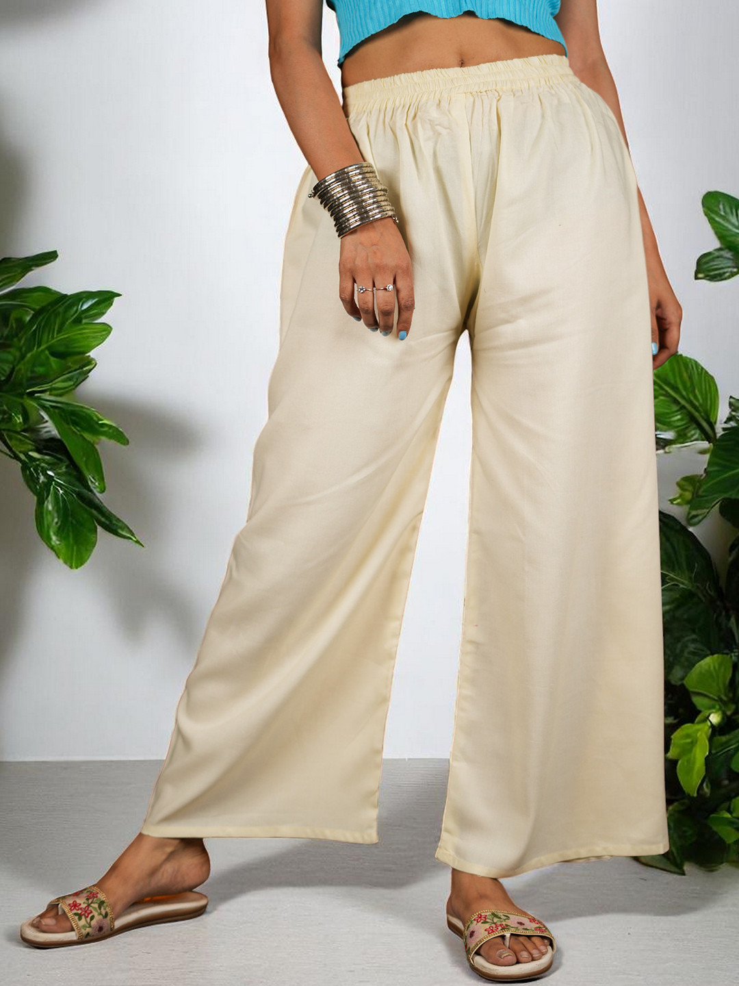CKE Women Relaxed Wide Leg Straight Fit Cotton Pleated Trousers