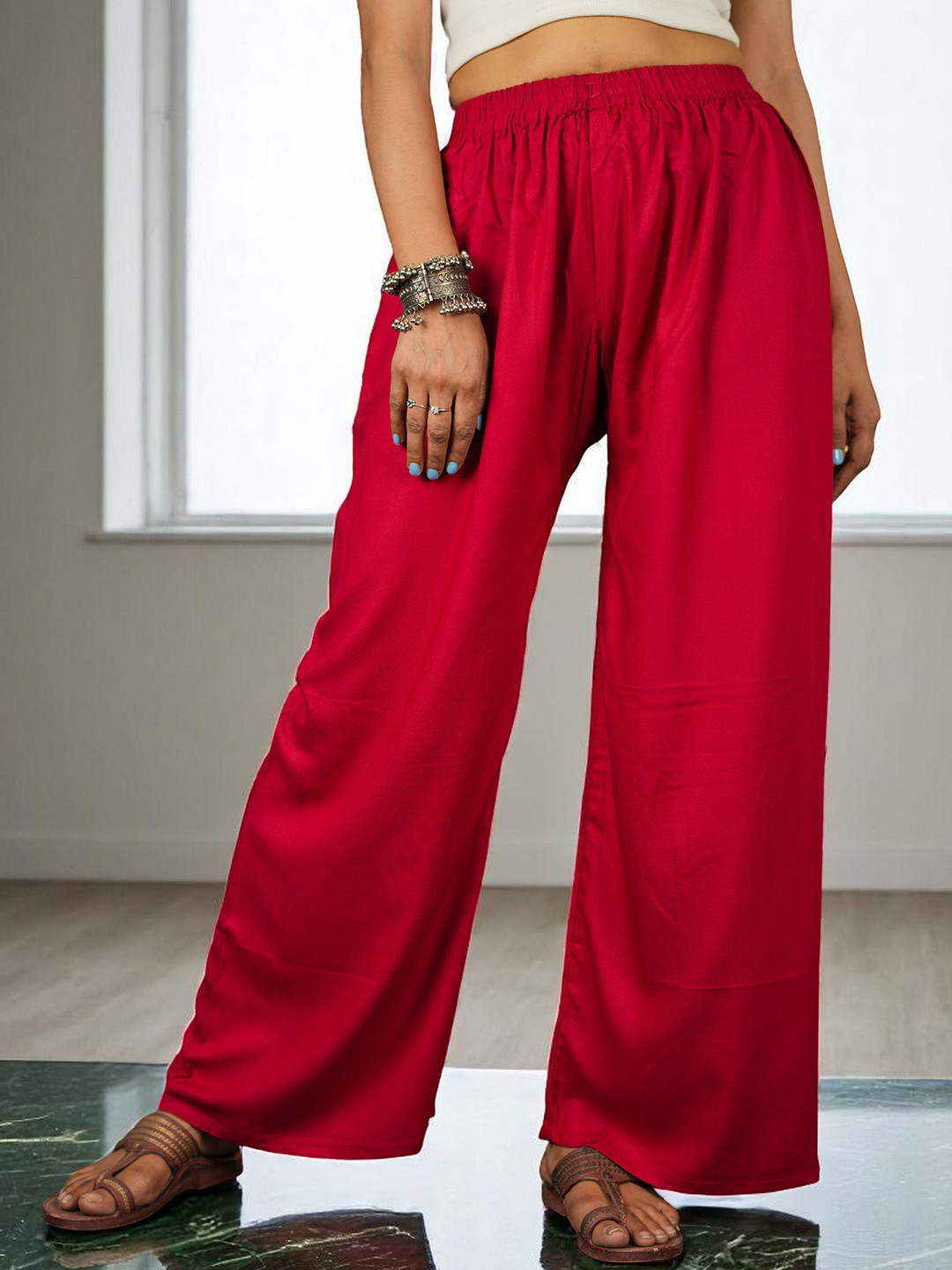 CKE Women Relaxed Wide Leg Straight Fit Cotton Pleated Trousers
