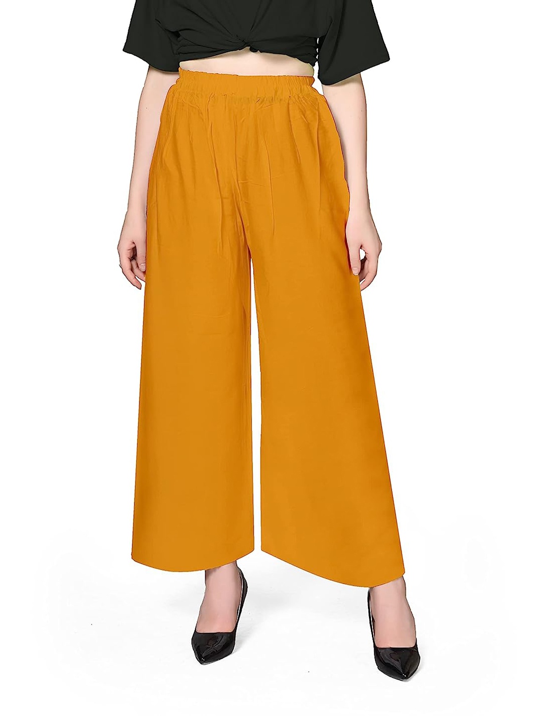 

CHANDERKASH Regular Fit Wide Leg Knitted Palazzos, Mustard