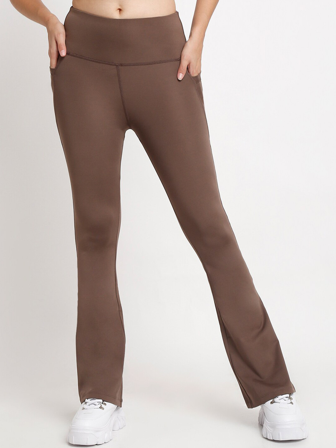 

EVERDION Women Comfort Flared High-Rise Bootcut Trousers, Brown
