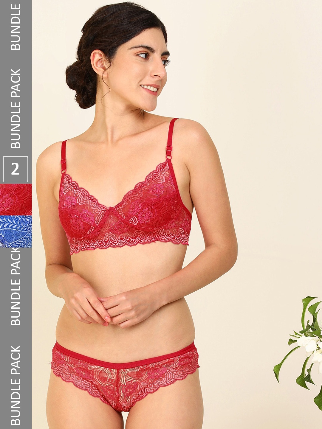 

PIBU Women Pack Of 2 Self Design Cotton Lingerie Set, Red