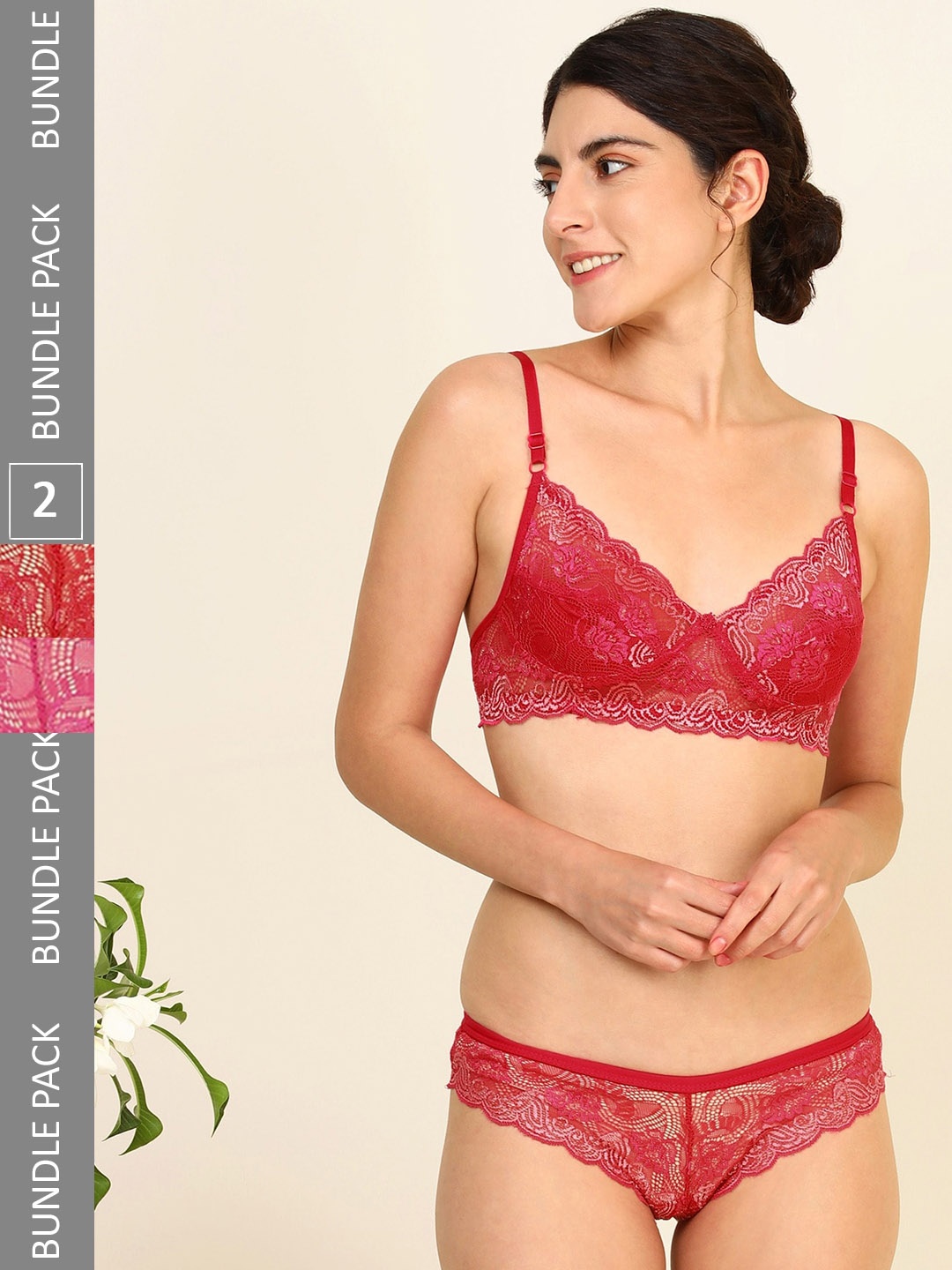 

PIBU Women Pack Of 2 Self Design Cotton Lingerie Set, Red