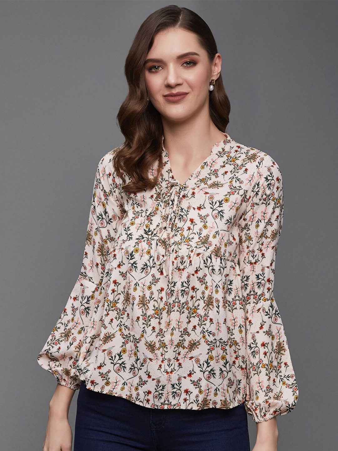 

Miss Chase Off White Floral Printed Tie-Up Neck Empire Top