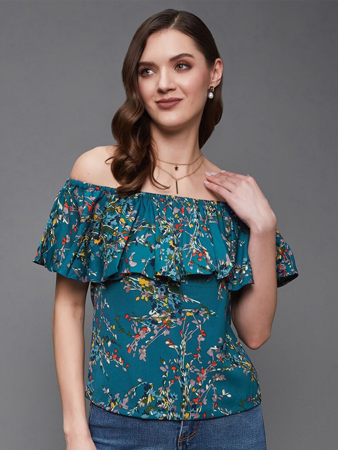 

Miss Chase Turquoise Blue Floral Printed Off-Shoulder Bardot Top