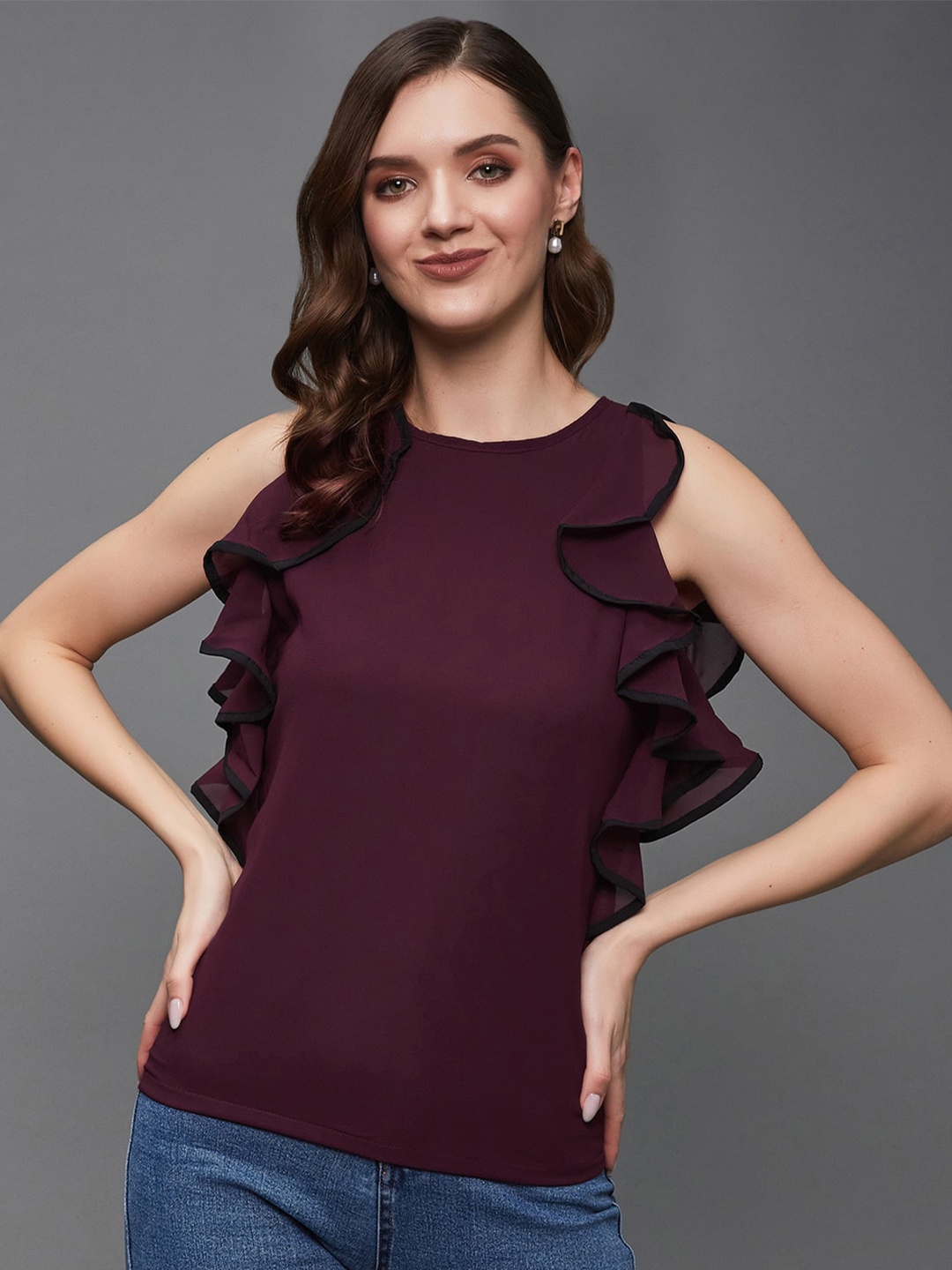 

Miss Chase Burgundy Sleeveless Ruffled Top