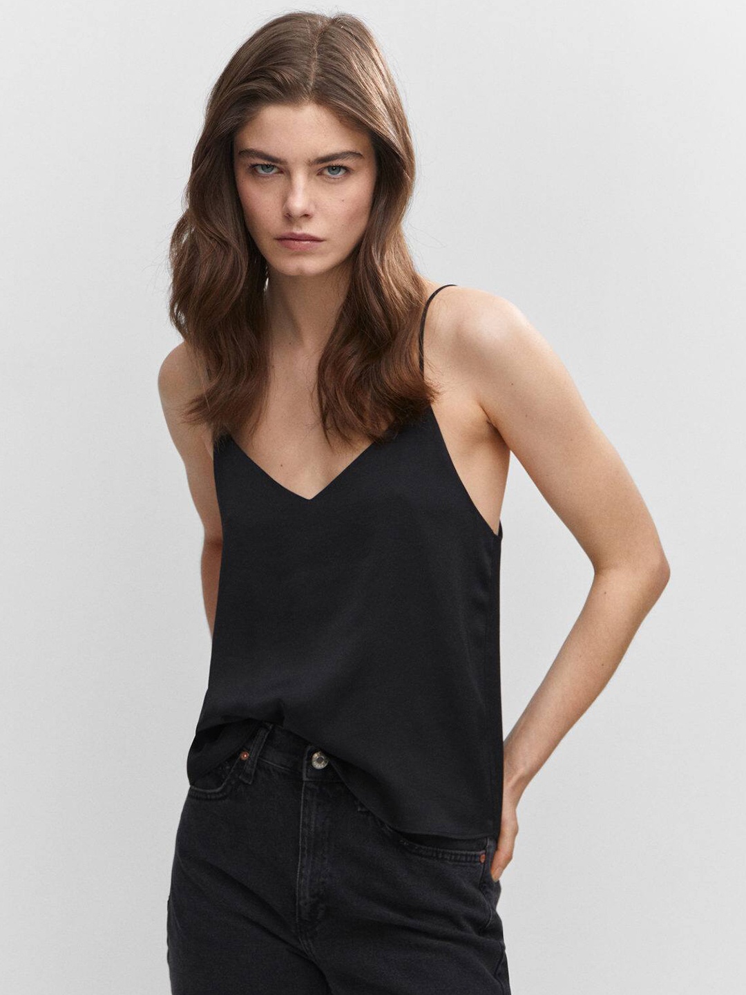 

MANGO Satin Finish Shoulder Straps Top, Black