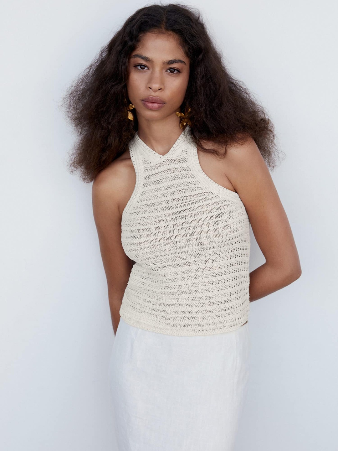 

MANGO Halter Neck Crochet Top, Off white
