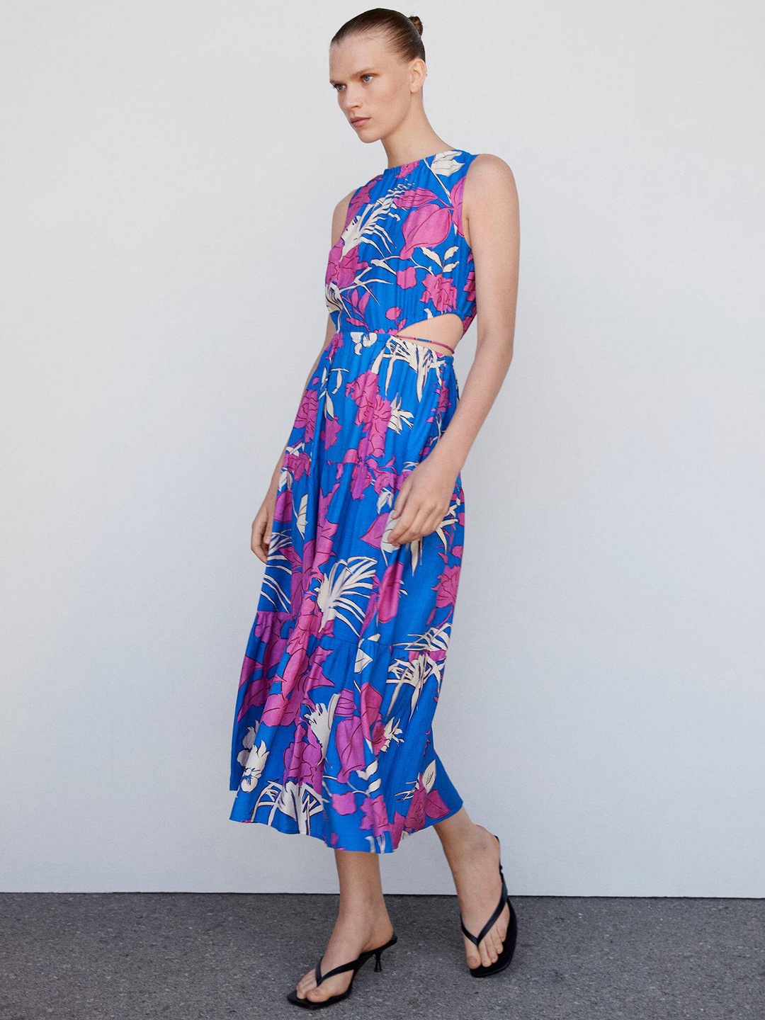 

MANGO Floral Print A-Line Midi Dress with Cut-Outs, Blue