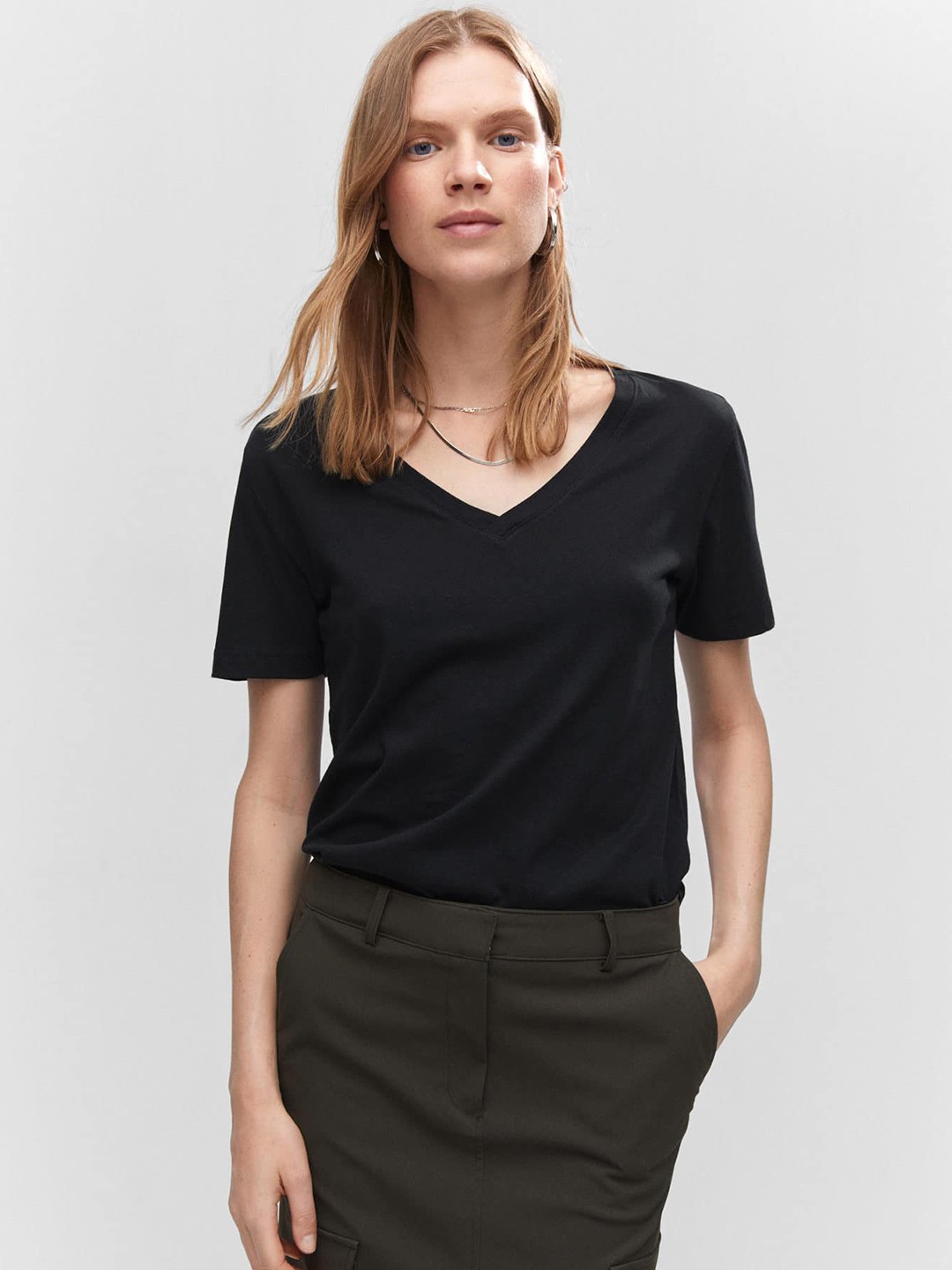 

MANGO V-Neck Pure Cotton T-shirt, Black