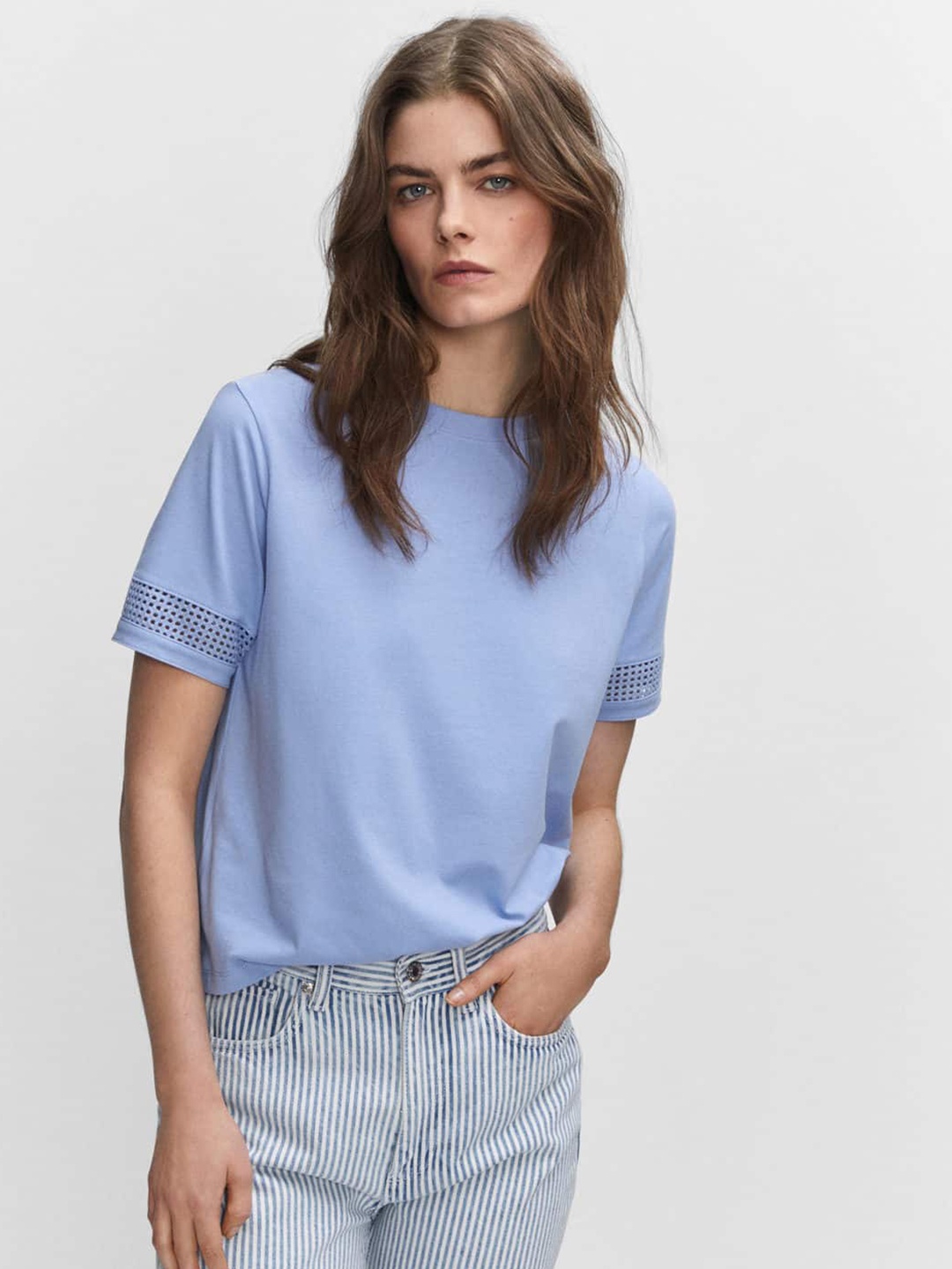 

MANGO Lace Insert Detail T-shirt, Blue