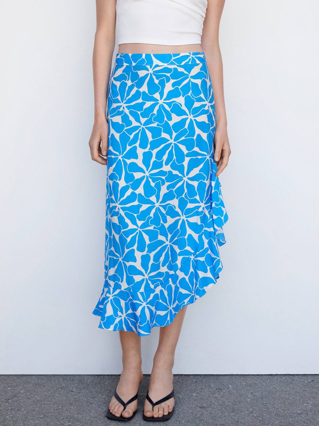 

MANGO Floral Printed High Low Hem Ruffles Detail Straight Skirt, Blue