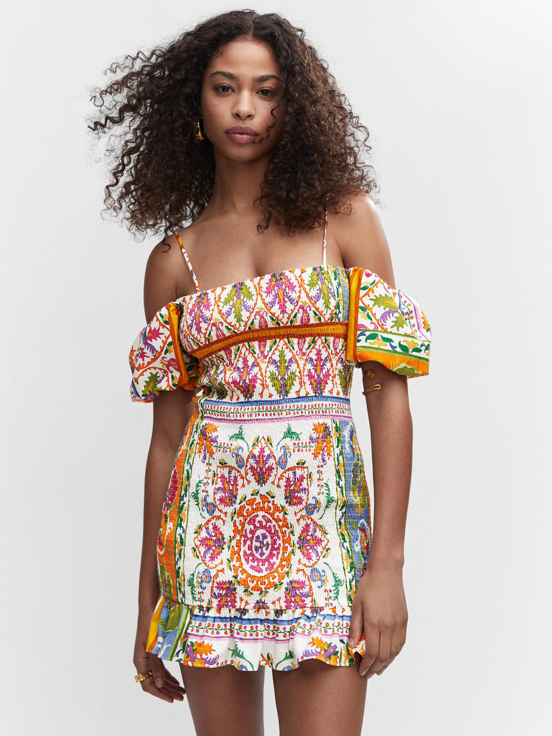 

MANGO Cotton Printed Cold-Shoulder A-Line Mini Dress, Multi