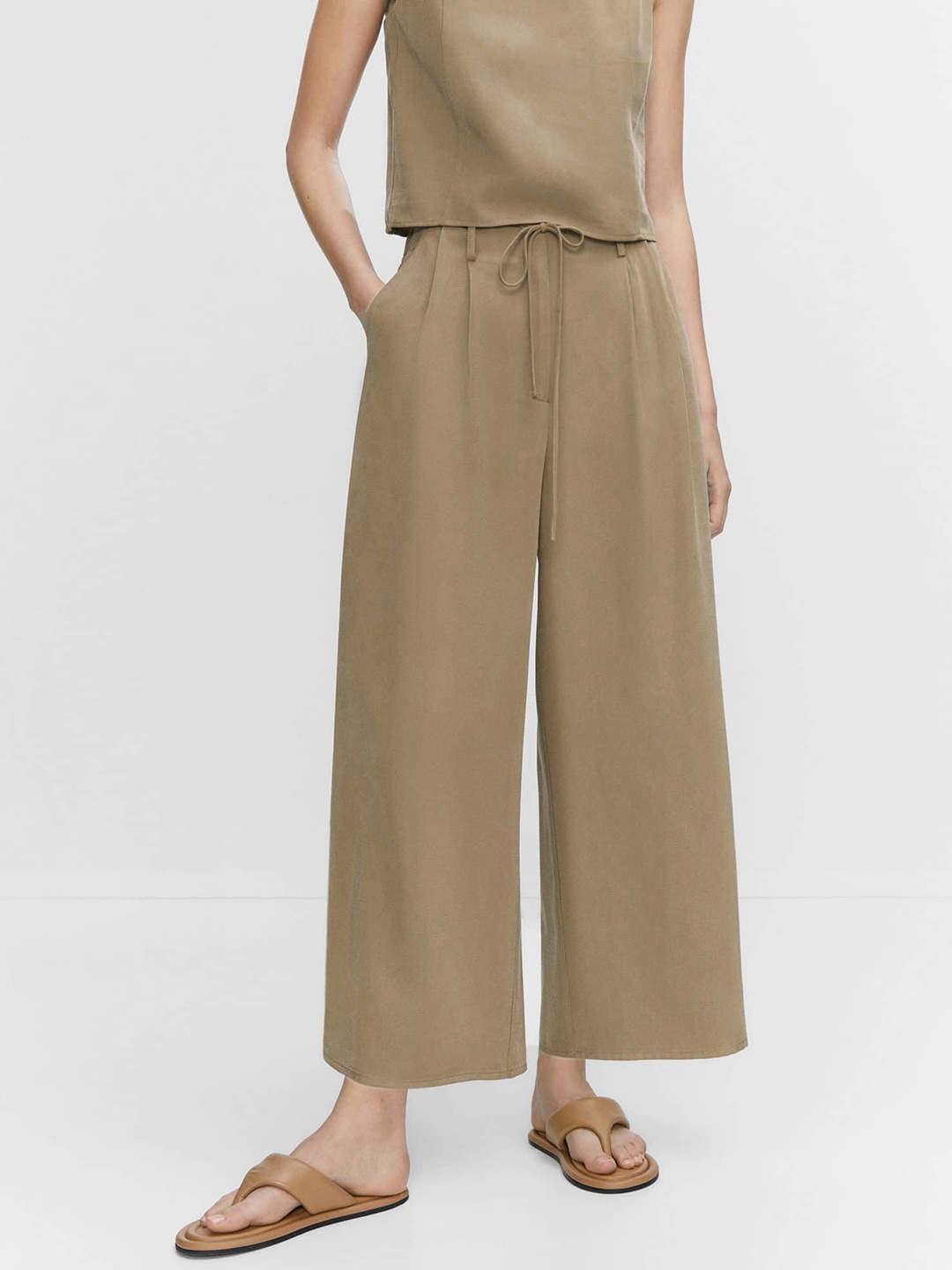 

MANGO Women High-Rise Pleated Wide Leg Trousers, Brown