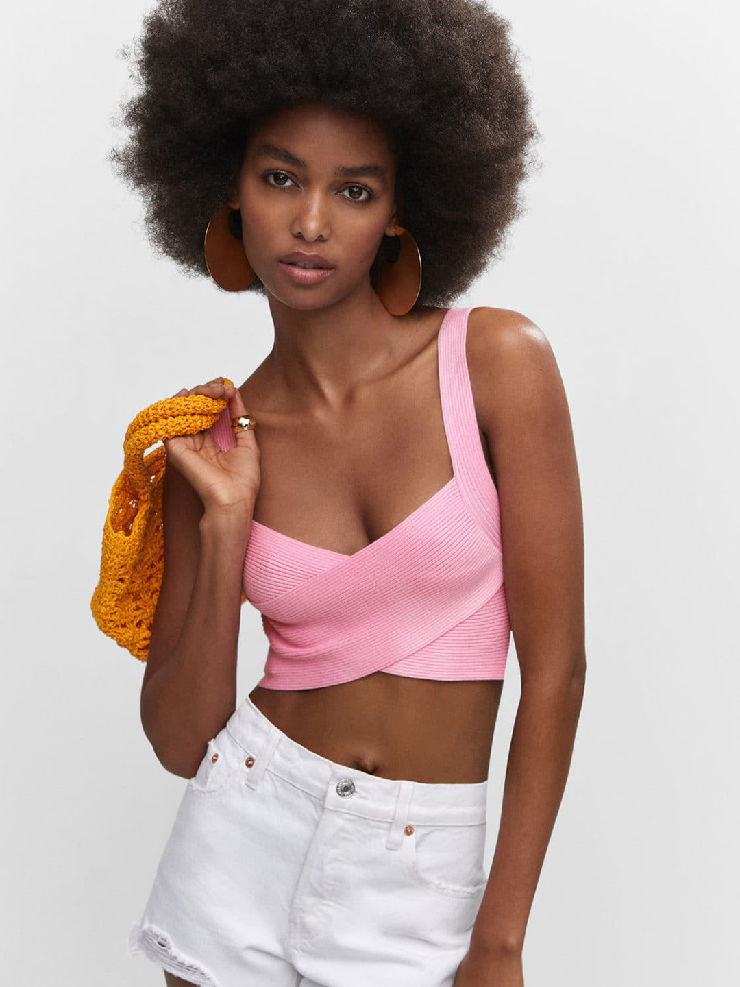 

MANGO Shoulder Straps Pleated Crop Top, Pink