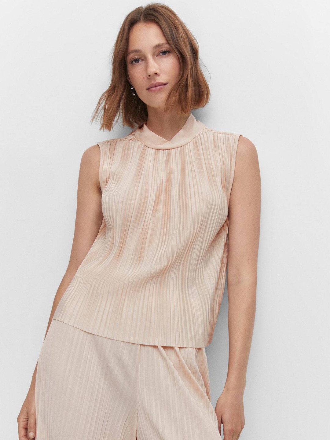 

MANGO Accordion Pleats Top, Beige