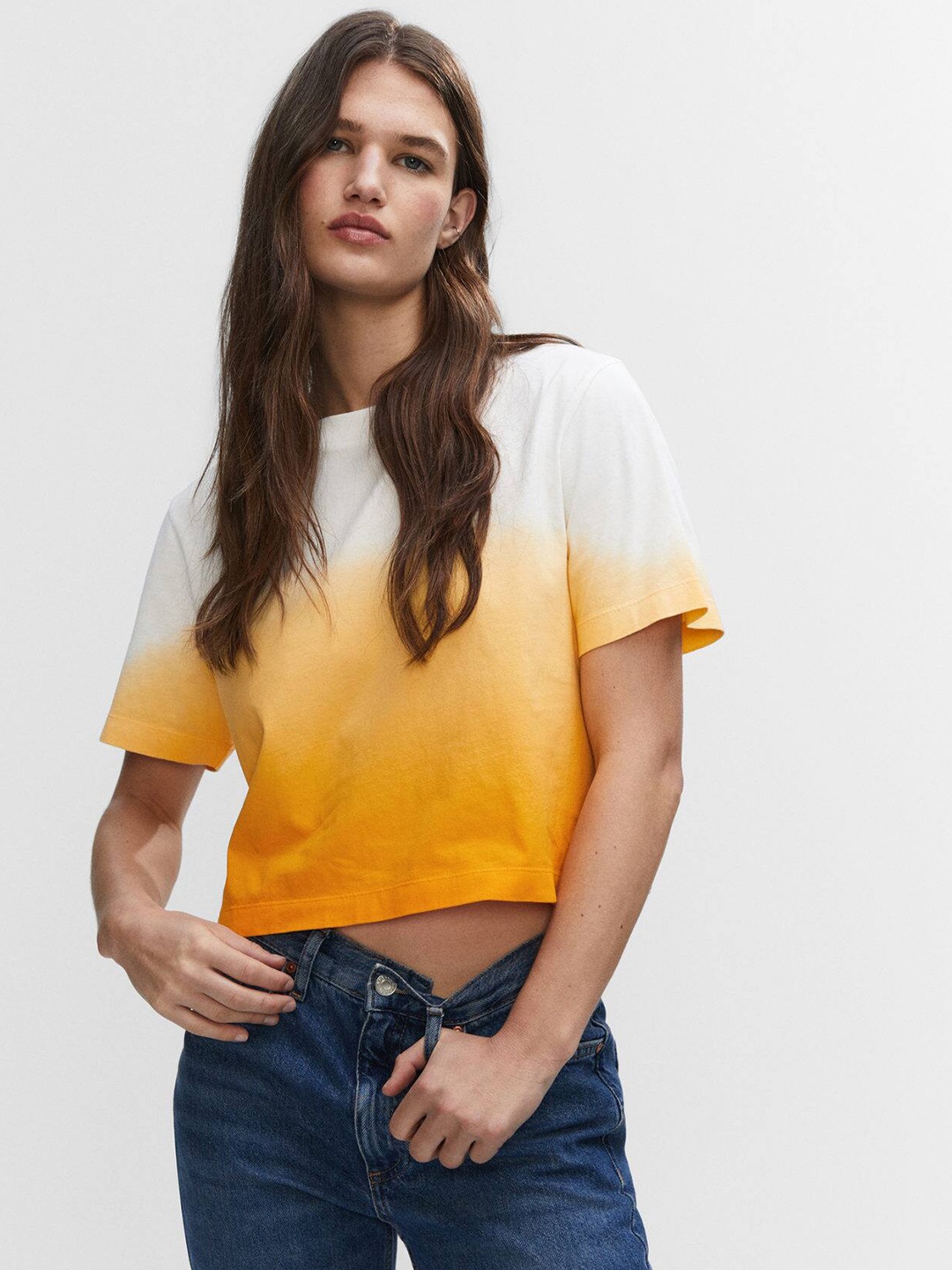 

MANGO Women Ombre Dyed Pure Cotton Boxy T-shirt, White