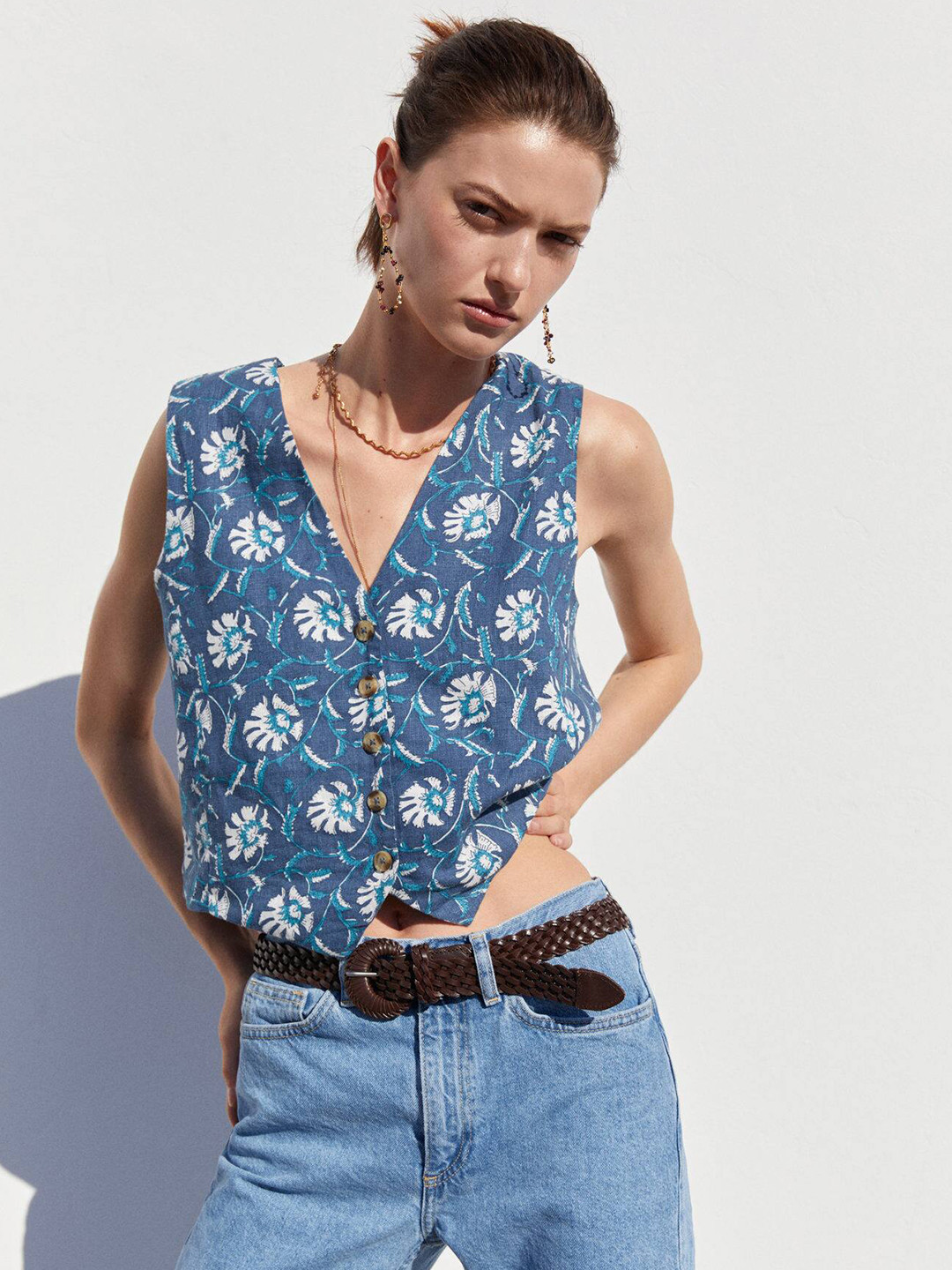 

MANGO Floral Print Waistcoat, Blue