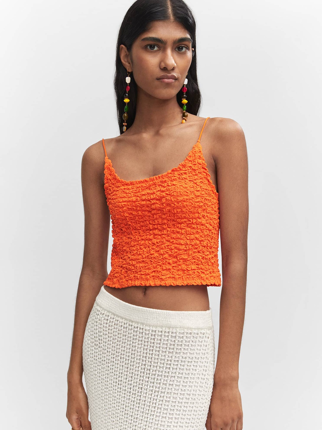 

MANGO Seersucker Crop Top, Orange