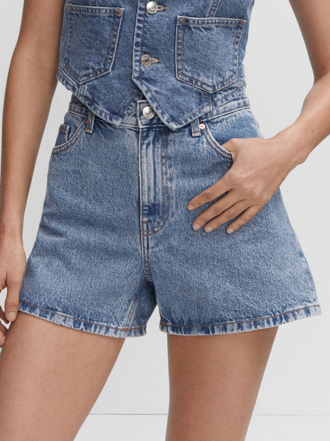 

MANGO Women High-Rise Pure Cotton Denim Shorts, Blue