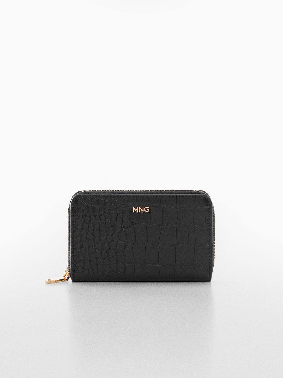 

MANGO Women Croc Textured Zip Around Wallet, Black