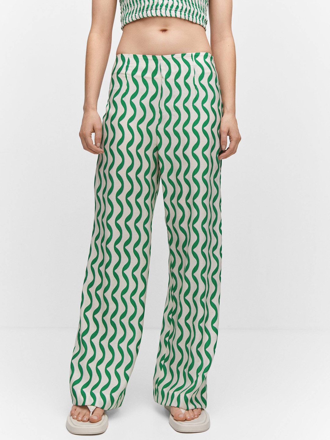 

MANGO Women Chevron Printed Straight Fit High-Rise Trousers, Green
