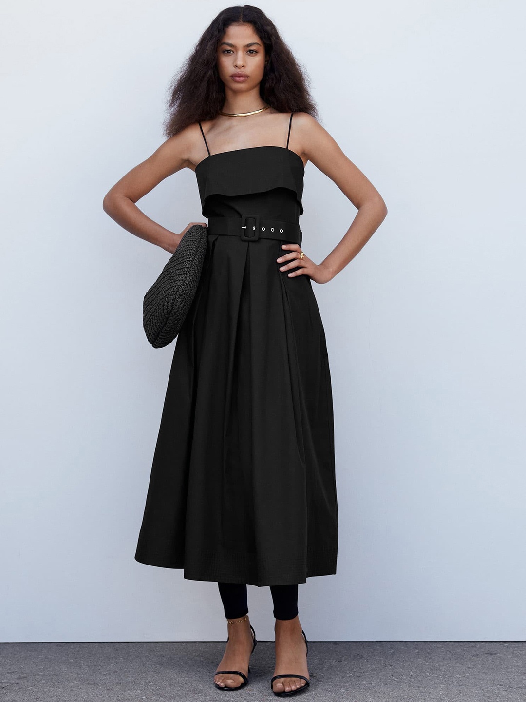 

MANGO Pure Cotton A-Line Midi Dress with Belt, Black