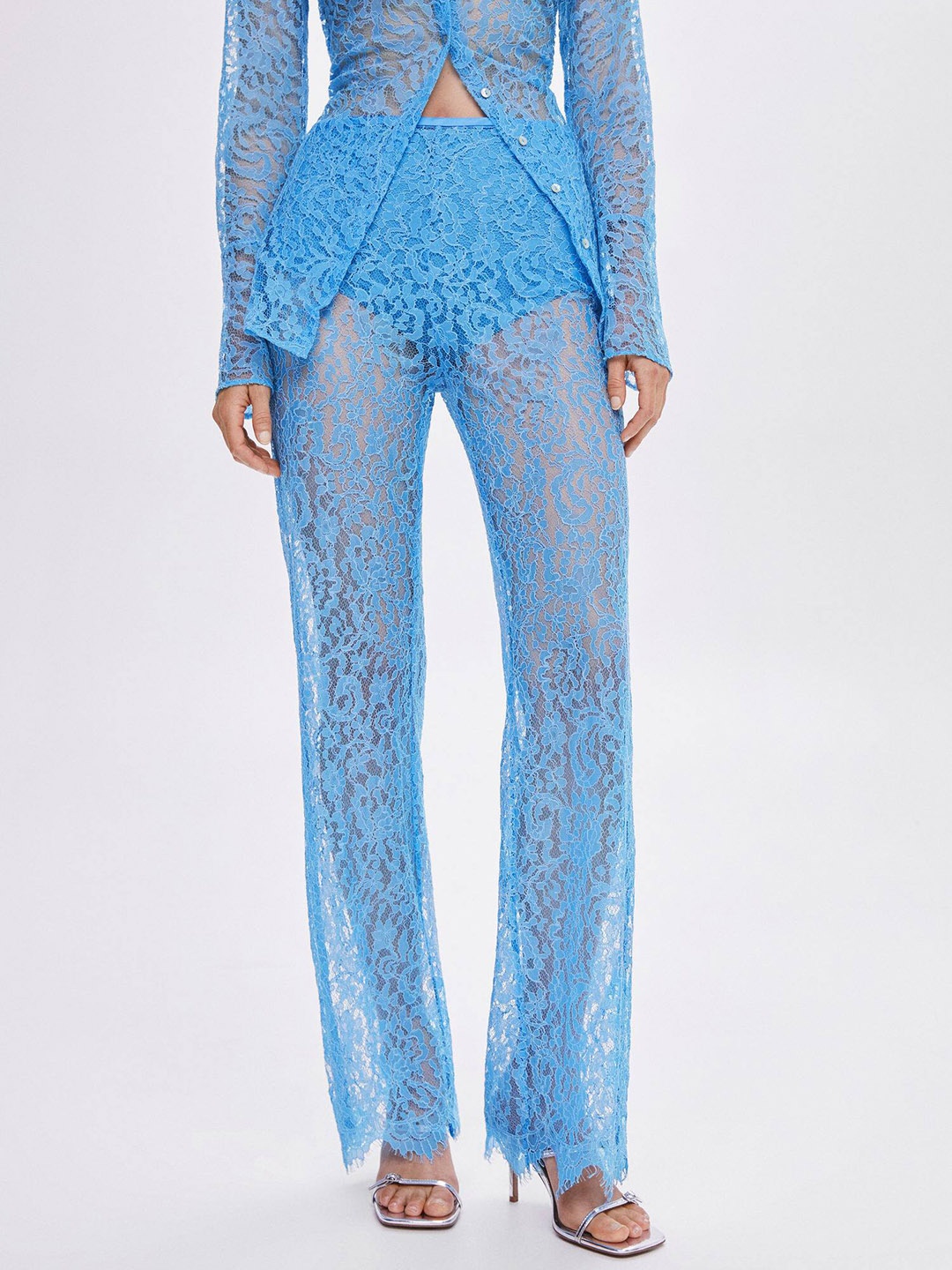 

MANGO Women High-Rise Lace Sheer Trousers, Blue