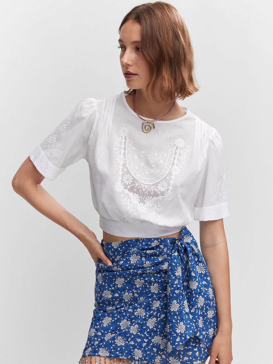 

MANGO Floral Embroidered Pure Cotton Blouson Crop Top, White