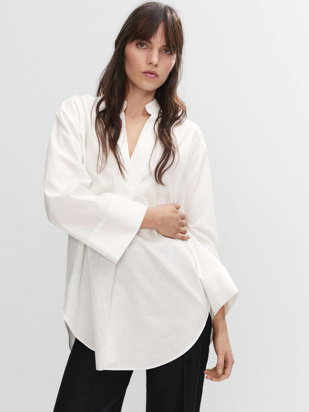 

MANGO Mandarin Collar Pure Cotton Longline Top, Off white