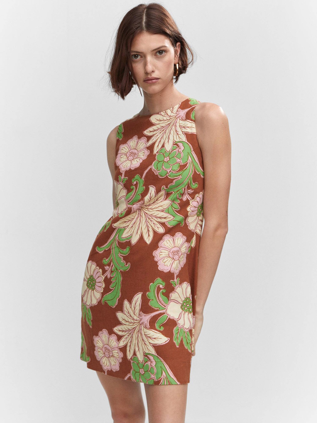 

MANGO Floral Print Sheath Mini Dress, Rust