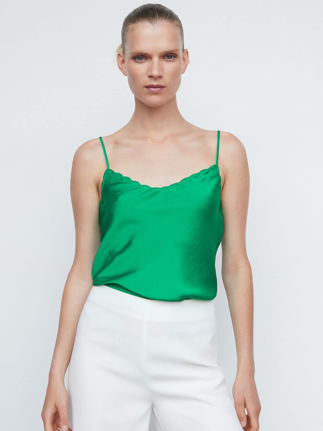 

MANGO Satin Finish Shoulder Straps Top, Green