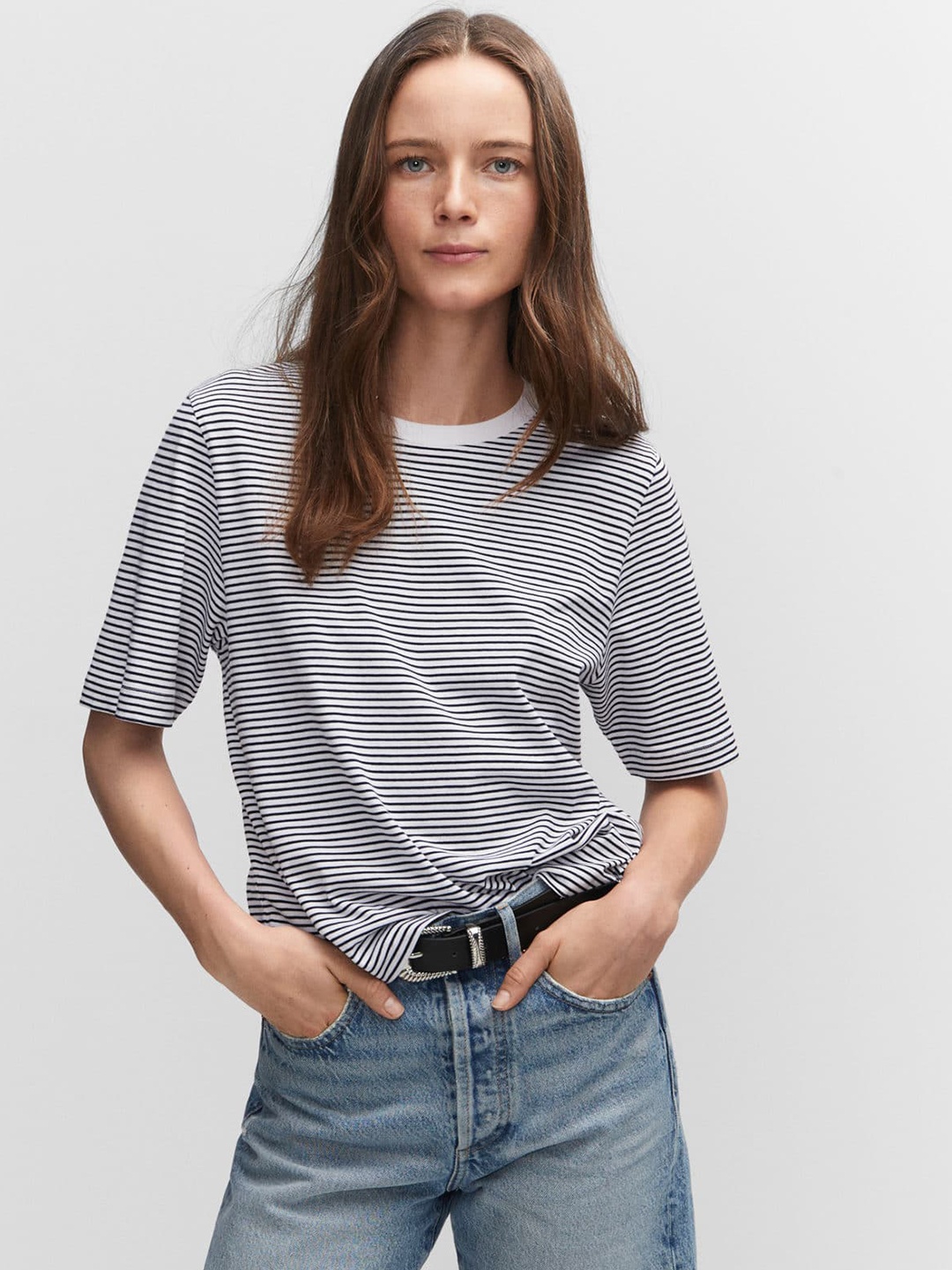 

MANGO Striped Pure Cotton T-shirt, White