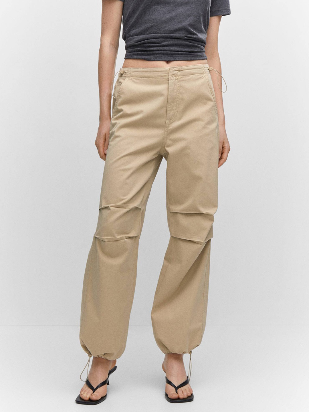 

MANGO Women Pure Cotton Loose Fit High-Rise Trousers, Beige