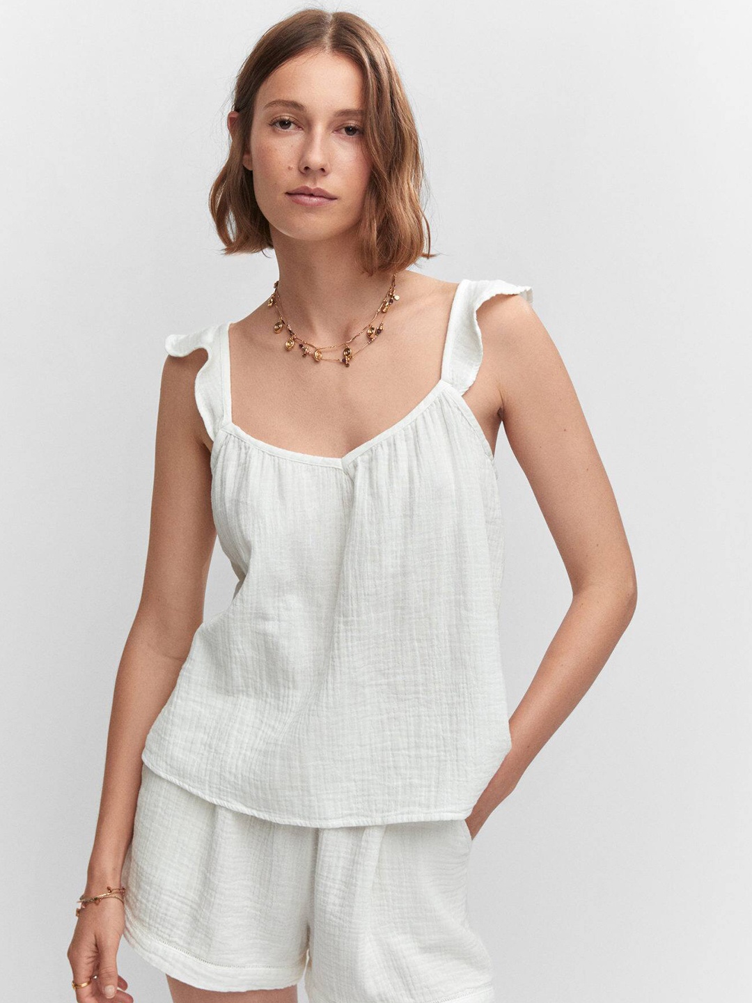 

MANGO Textured Ruffled Straps Cotton Top, White