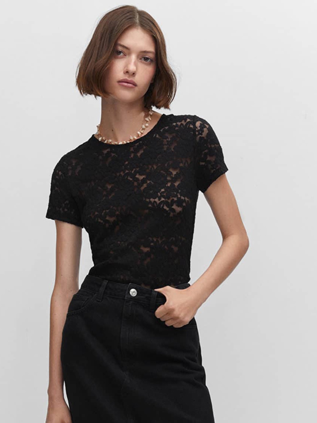 

MANGO Floral Lace Sheer Top, Black