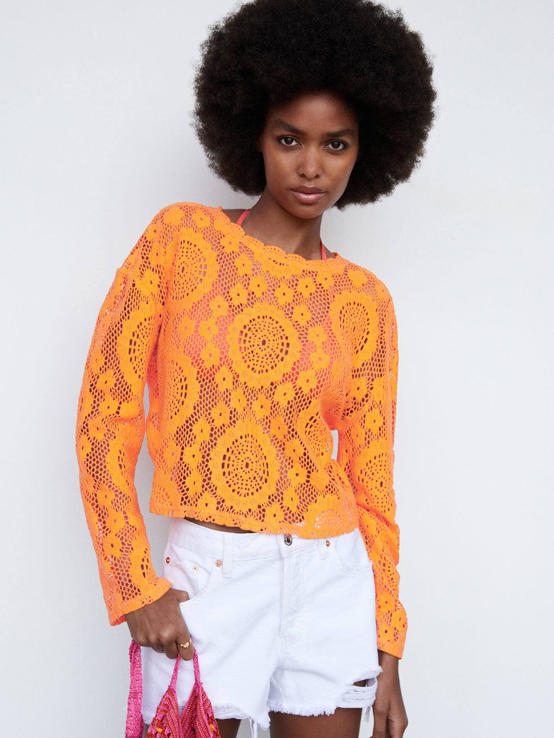 

MANGO Open-Knit Top, Orange