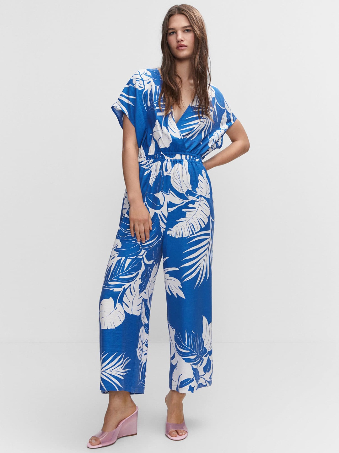 

MANGO Tropical Print Basic Wrap Jumpsuit, Blue