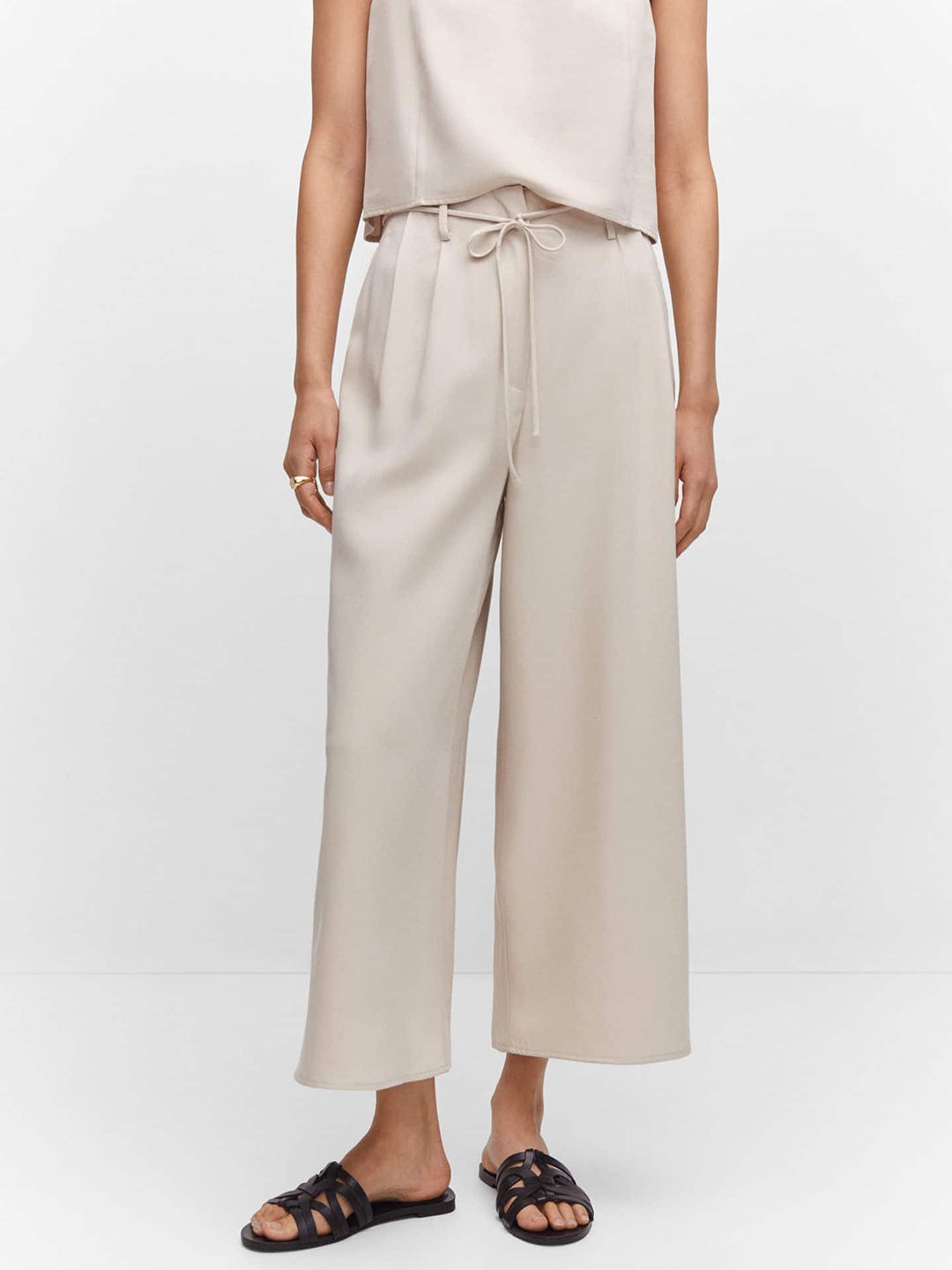 

MANGO Women Wide Leg High-Rise Trousers, Beige