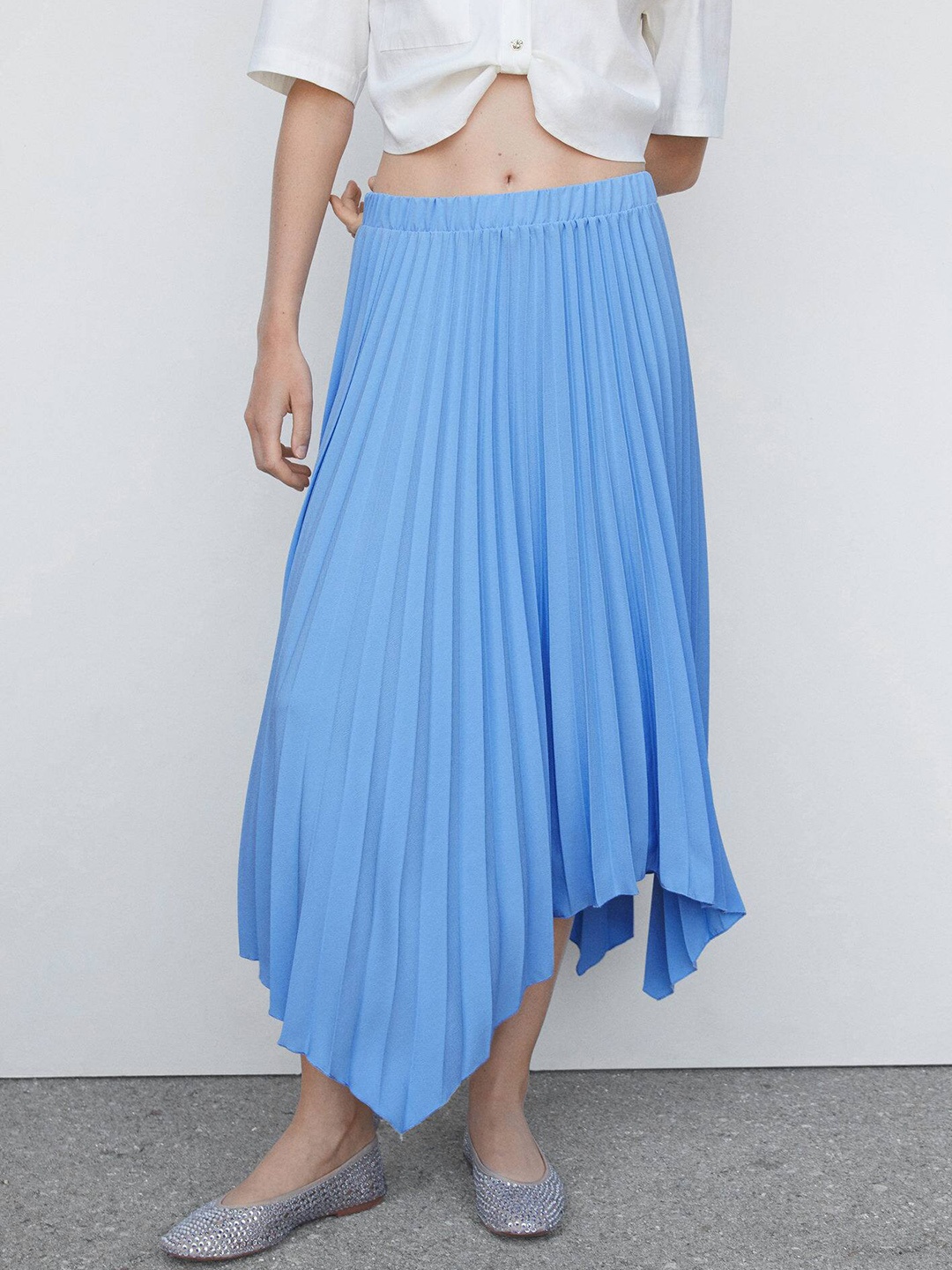 

MANGO Solid Accordion Pleated Asymmetric A-Line Midi Skirt, Blue