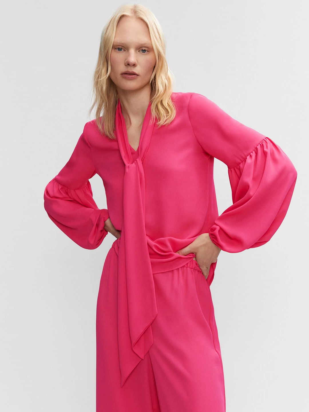 

MANGO Tie-Up Neck Puff Sleeve Top, Pink