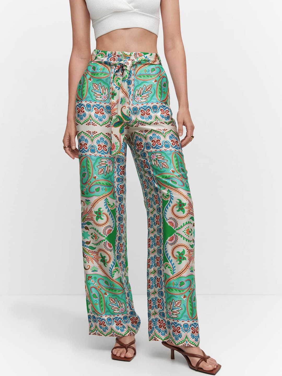 

MANGO Women Ethnic Motifs Printed Mid-Rise Wide-Leg Satin Trousers with Tie-Up Detail, Green