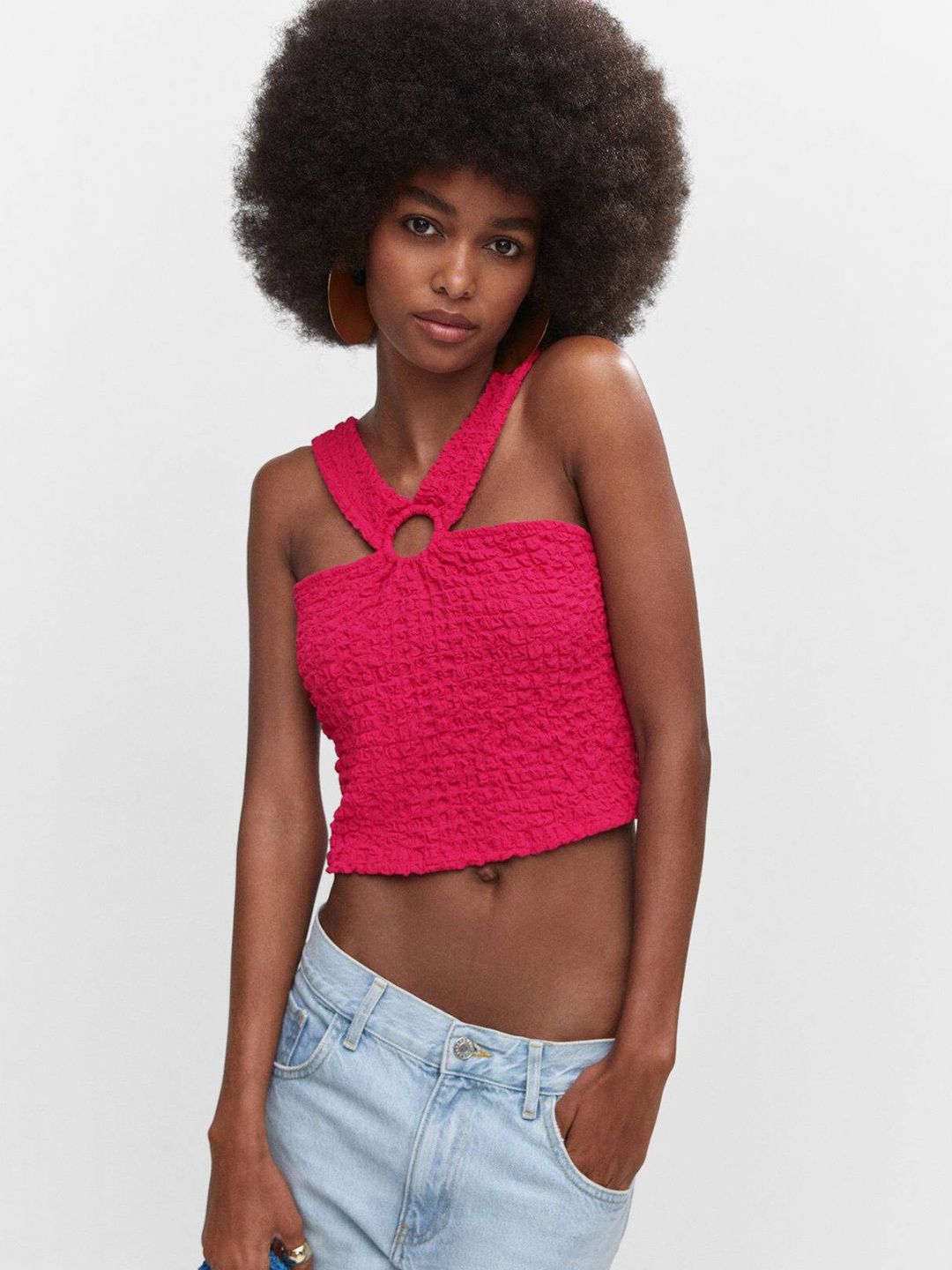 

MANGO Seersucker Crop Top, Pink